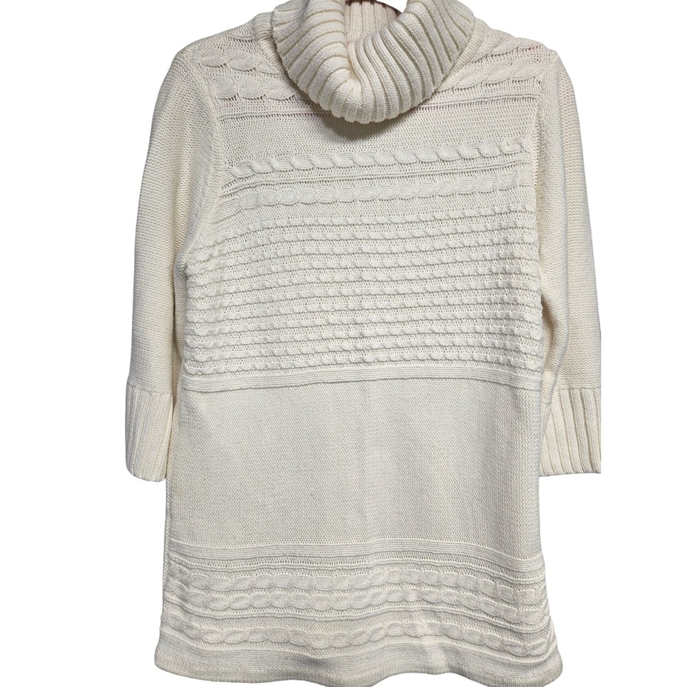 Chadwicks Womens Cream Cable Knit Turtleneck Tunic Sweater Side Buttons Size M